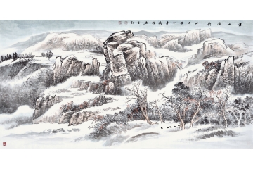 水墨山水雪景 李国胜四尺横幅国画作品《寒山雪影》