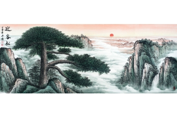 传统经典风水画 宋唐六尺山水画作品《迎客松》