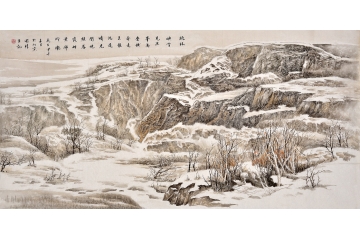 李国胜四尺横幅山水画作品《疏林映雪》