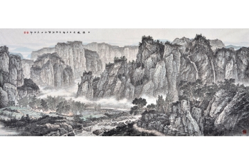 何新起八尺横幅山水画作品《十渡风光》