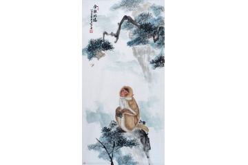 献瑞纳福 王贵国四尺竖幅动物画猴《金猴纳福》