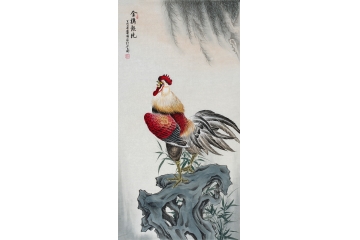 大吉大利 王贵国四尺竖幅动物画公鸡《金鸡报晓》