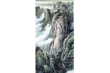 李林宏最新三尺竖幅青绿山水画《黄山云起》