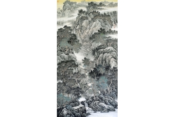林德坤竖幅精品国画《瀑鸣撼幽谷》