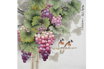 【新品】羽墨最新斗方多子多福葡萄图《春华秋实》