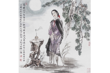 美女画 冉文纪斗方写意美女图《遥望山上松》