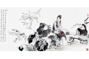 冉文纪四尺横幅写意人物画《湖上风来波浩渺》