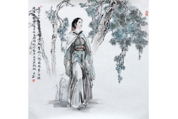 冉文纪斗方写意人物画《遥望山上松》