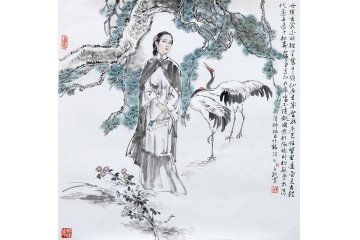 冉文纪斗方写意人物画《泳鹤诗》