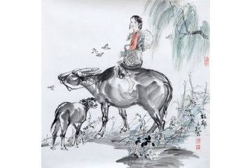 冉文纪斗方写意人物画《牧归》