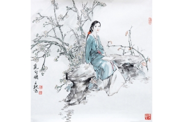 冉文纪斗方写意人物画《觅句图》