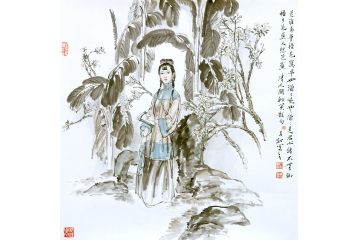 冉文纪斗方写意人物画《是谁多事种芭蕉》
