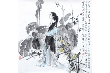 冉文纪斗方写意人物画《长相思》