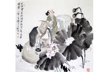 冉文纪斗方写意人物画《尖顶雪莲终开放》