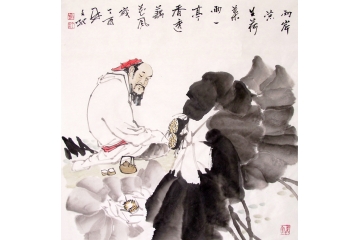 冉文纪斗方写意人物画《两岸凉生荷叶雨》
