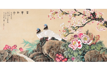 富贵牡丹图 王一容新品鸽子图《富贵和平》