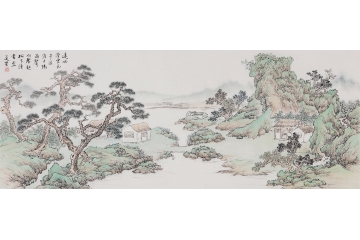 沙发墙挂画 道贤青绿山水画《远岫澄云色 平溪淡夕阳》
