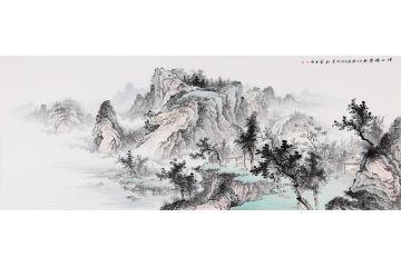 美协画家李佩锦六尺横幅山水画《溪山积翠》