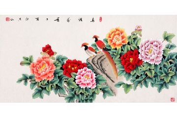 张洪山四尺横幅国画牡丹图《鸟语花香》
