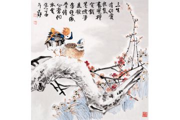 何文铮斗方梅花图《三生有约爱林泉》