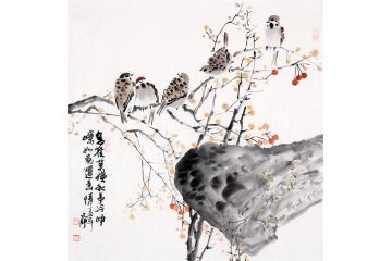 何文铮斗方写意花鸟画《鸟雀莫嫌秋事冷 峥嵘如画遣幽情》