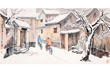 何文铮四尺横幅人物画《南城雪霁》