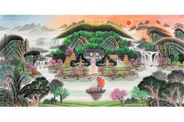 元宝靠山 易天也山水画聚宝盆作品《福山聚宝图》