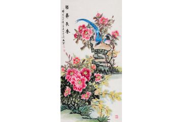 玄关挂画 石开四尺竖幅牡丹图《福寿长春》