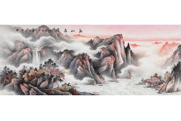 国礼书画艺术家张利新作六尺横幅山水画《江山多娇》