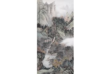 余静四尺竖幅山水画《红叶去寒树 碧峰来晓窗》
