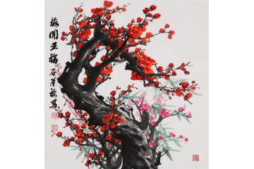 国家一级美术师石荣禄斗方梅花图《梅开五福》