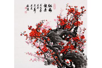 家居装饰画梅花图 石荣禄花鸟画《红梅报春》
