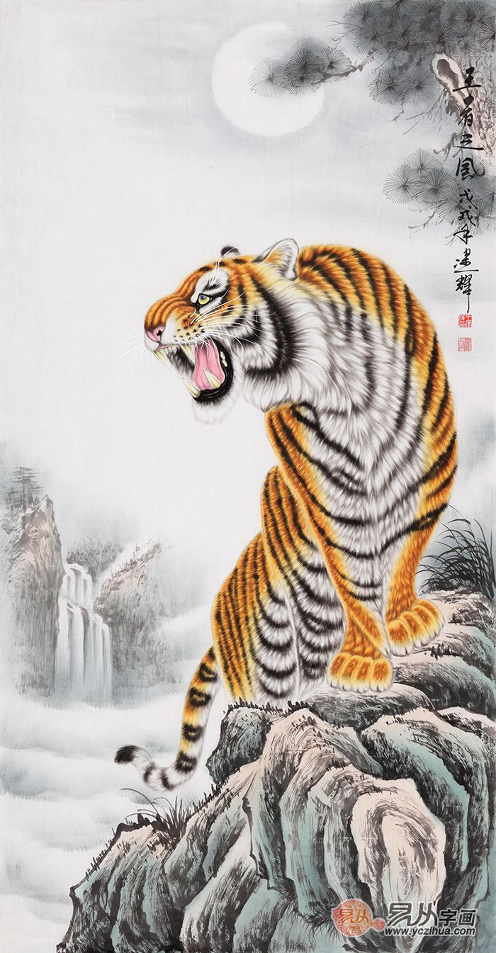 室装饰画名家手绘国画上山虎: 这幅作品是当代画家王建辉的工笔老虎