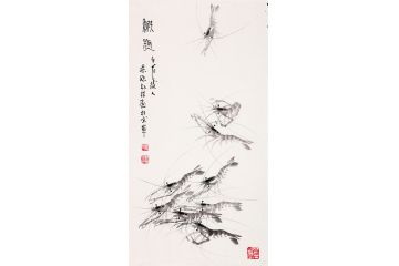 齐白石后人朴喆老师最新竖幅作品《虾趣》