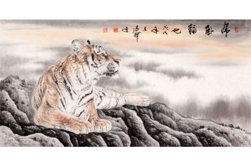 王建辉【精品】四尺横幅动物画 老虎图《虎卧福地》