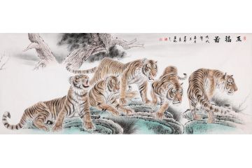 王建辉新品八尺横幅动物画《五福图》