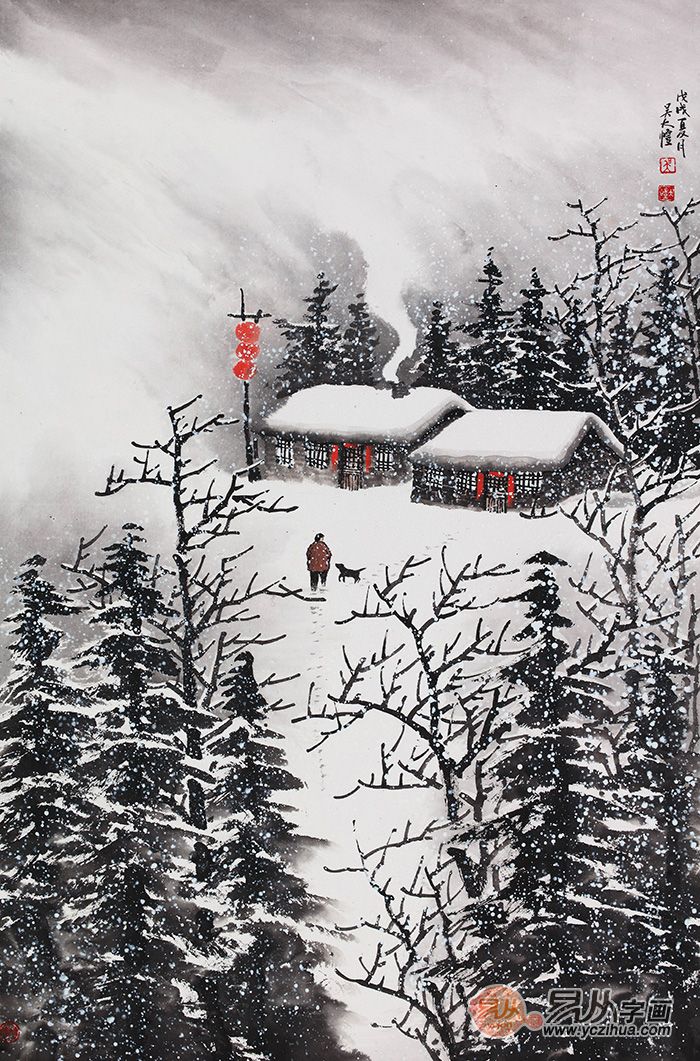 山水画家吴大恺的雪景国画