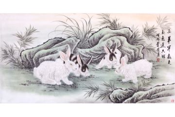 装饰画 王贵国最新四尺横幅动物画《三阳开泰来玉兔送吉祥》