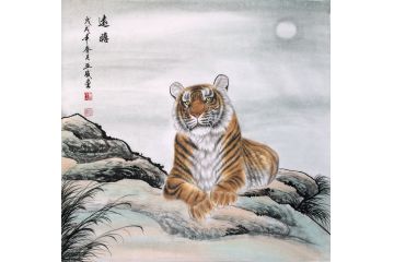 肖亚威四尺斗方动物画工笔虎《远瞻》