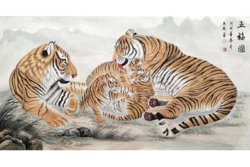 风水装饰画 肖亚威六尺横幅动物画虎《五福图》