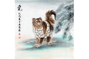 实力派画家肖亚威斗方动物画国画猫《觅》