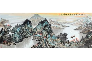 春和景明 艺术家山川六尺横幅国画《湖畔彩霞》