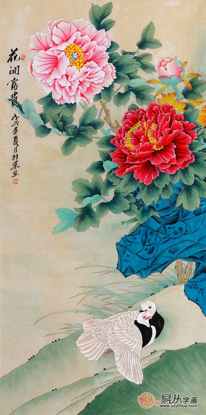 牡丹挂画风水，名家羽墨工笔牡丹画欣赏_技法常识_字画百科_【易从网