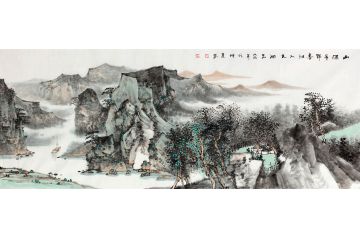 收藏之作 名家徐坤连手绘山水画《山随平野尽，江入大湖去》