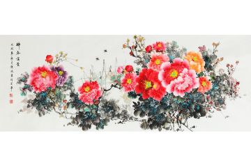 大富大贵国画牡丹 薛波六尺横幅写意花鸟画《醉春富贵》