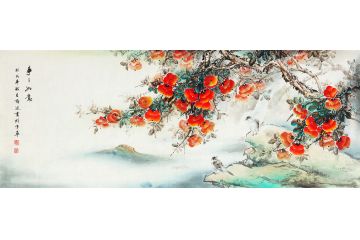 国画柿子图 薛波六尺横幅写意花鸟画《事事如意》