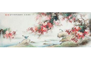 精美装饰画 薛波六尺横幅花鸟画《鸟语花香》