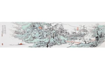 客厅挂画 画家门第四尺山水作品《高楼晴见水，楚色霭相和》
