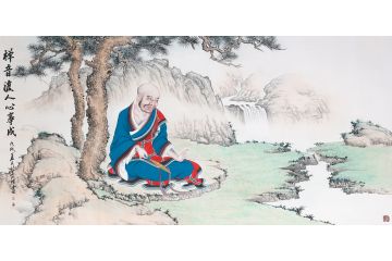 典藏国画 吴大恺真迹手绘山水画《禅音渡人心事成》