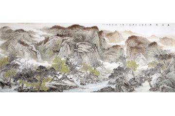 雅居图 画家卫长林八尺横幅山水画《居山乐水》